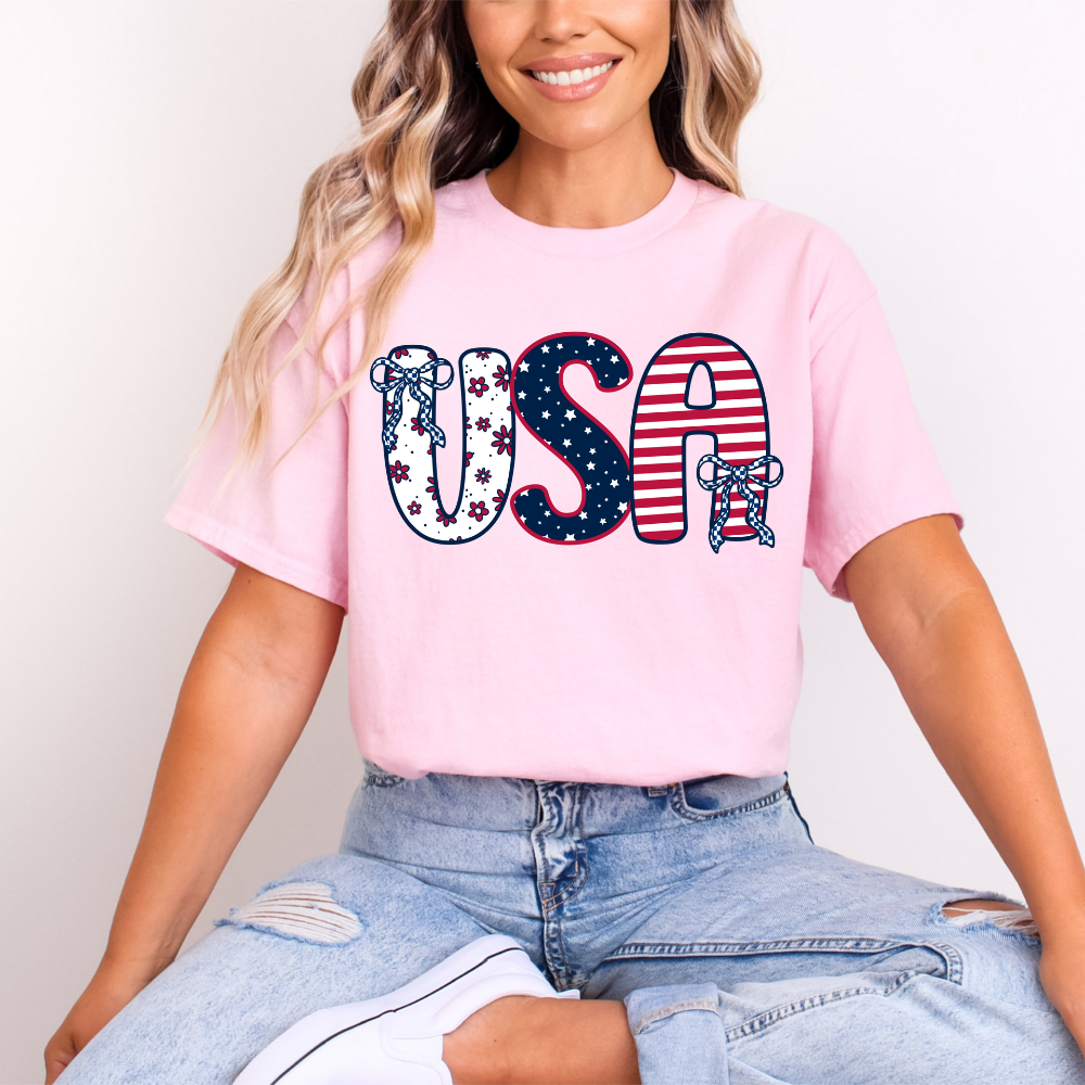 Sweet USA Patriotic T-Shirt - Pink Floral & Stripes Letter Graphic Tee image 0