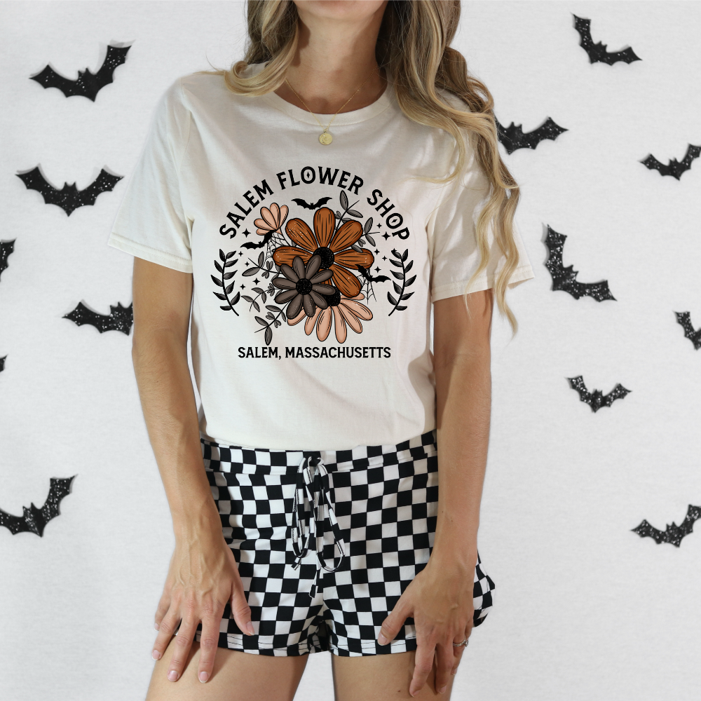 Salem Flower Shop T-Shirt | Witchy Fall Floral Tee | Massachusetts Spooky Town Souvenir | DTF Print Gildan