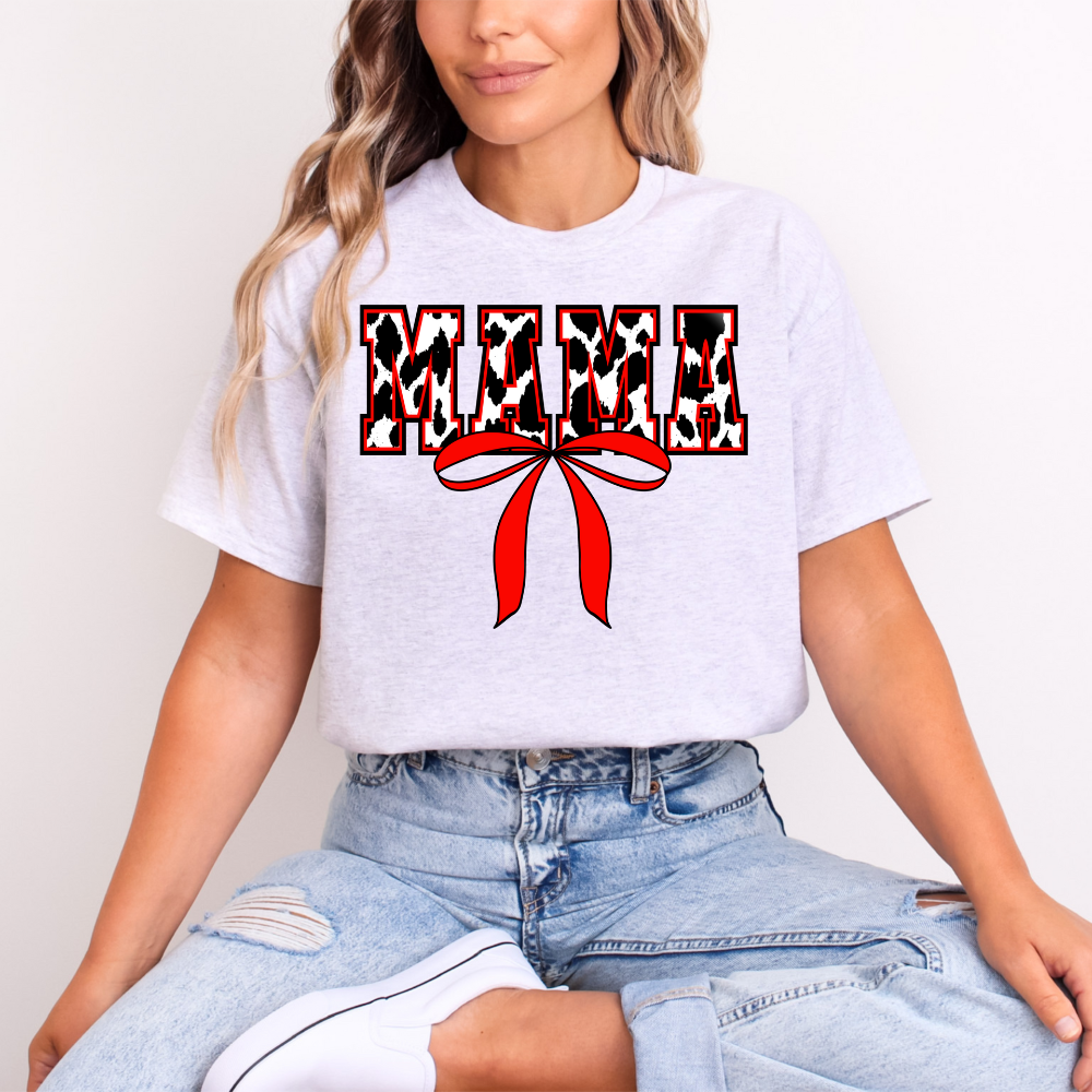 Cow Print Mama T-Shirt | Red Bow Leopard Mom Life Tee | Stylish Mother's Day Gift