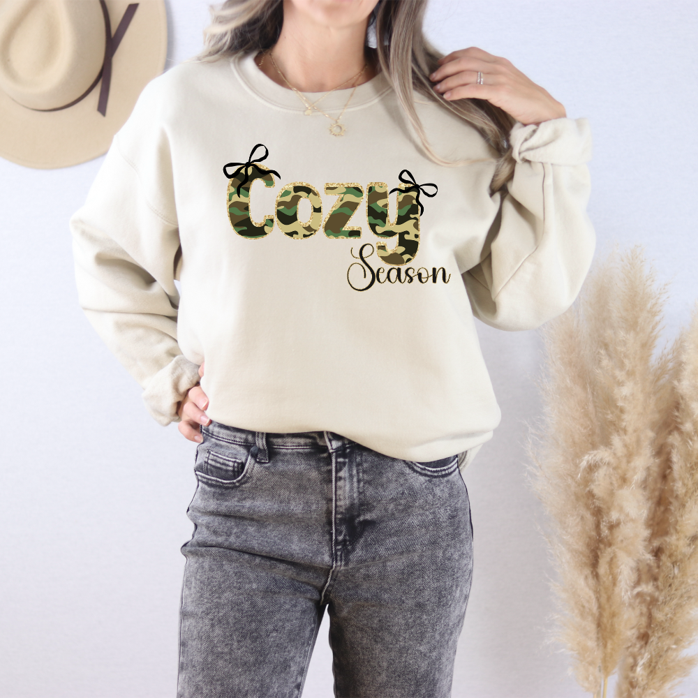 Cozy Season Sweatshirt | Camo Glitter Fall Crewneck | Autumn Apparel for Women