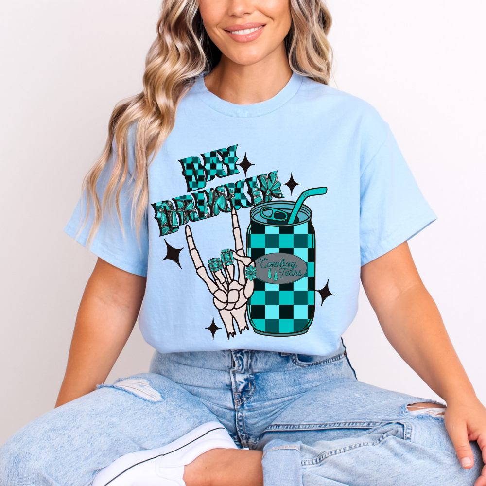 Day Drinkin'" Rock & Roll Country Tee | Checkerboard & Skeleton Hand Graphic image 0