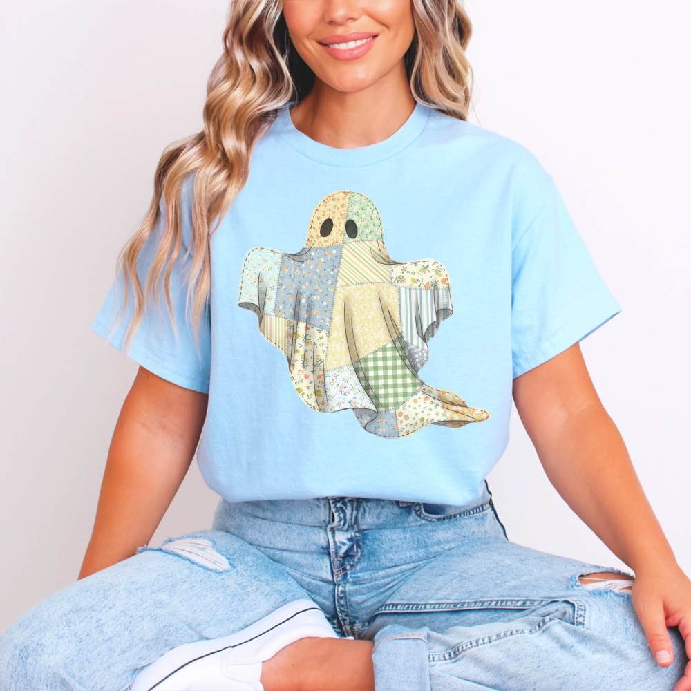 Plaid Quilted Ghost T-Shirt | Cute Halloween Graphic Tee | Spooky Season Vintage Tee