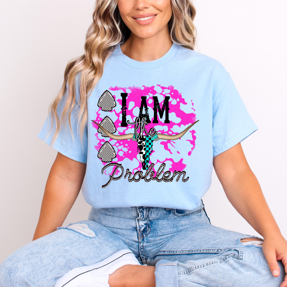 "I Am The Problem" Longhorn Skull T-Shirt - Edgy Western Pink Splatter Graphic T image 0