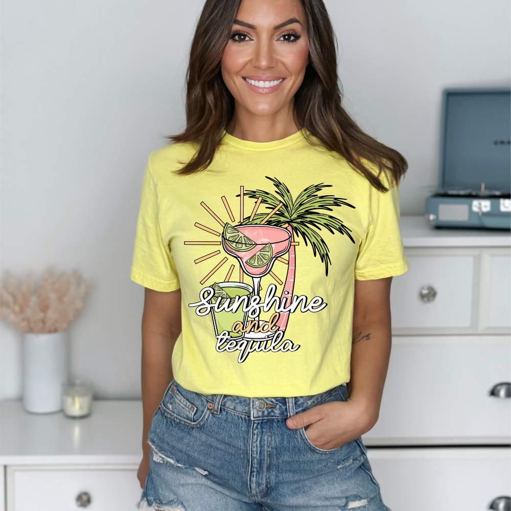 "Sunshine and Tequila T-Shirt | Summer Vacation Margarita Tee | Cute Beach & Party Top | DTF Print Gildan Shirt"