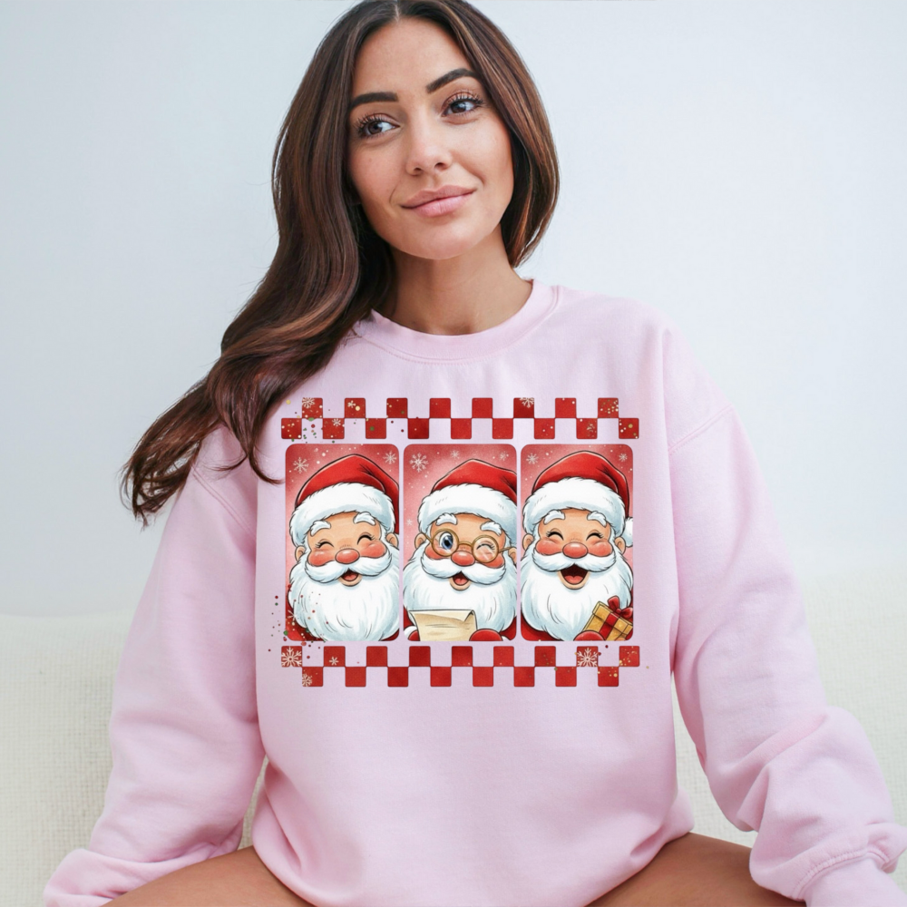 Three Jolly Santas Christmas Sweatshirt | Checkered Retro Holiday Crewneck