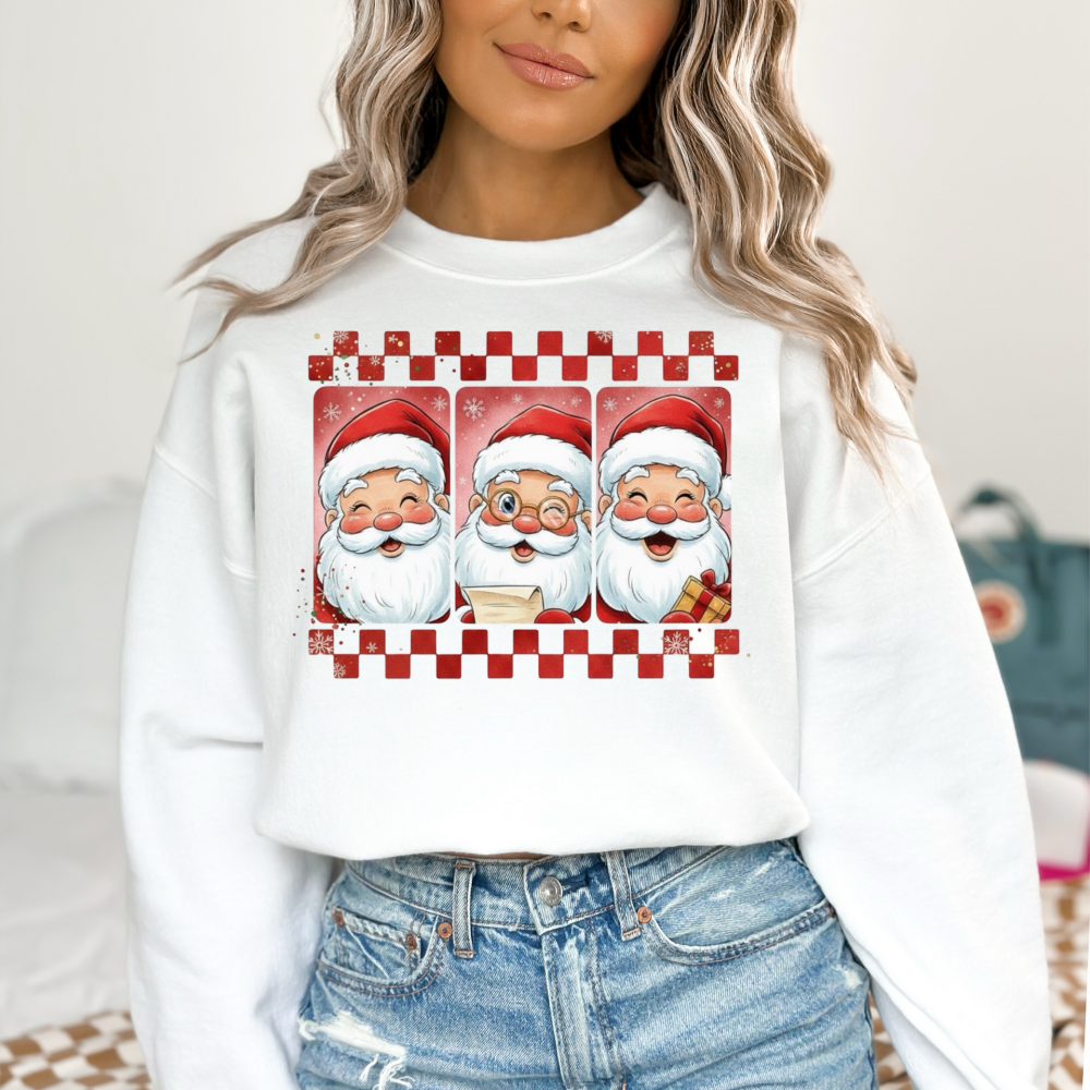 Three Jolly Santas Christmas Sweatshirt | Checkered Retro Holiday Crewneck