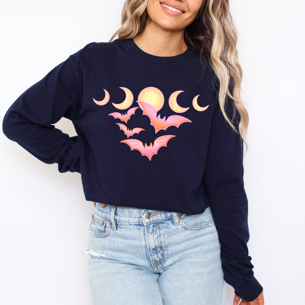 Moon Phases & Bats Long Sleeve T-Shirt | Mystical Crescent Moon Witchy Tee | Pastel Goth Spooky Season Shirt | DTF Print Gildan