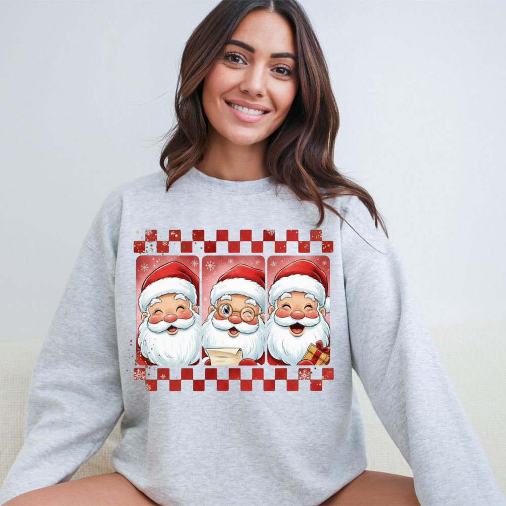 Three Jolly Santas Christmas Sweatshirt | Checkered Retro Holiday Crewneck