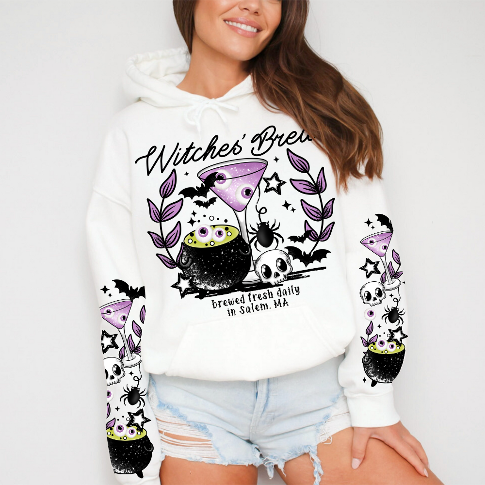 Witches' Brew Hoodie | Salem MA Spooky Season Pullover | Cute Halloween Skull & Cauldron Sweatshirt | DTF Gildan Hoodie