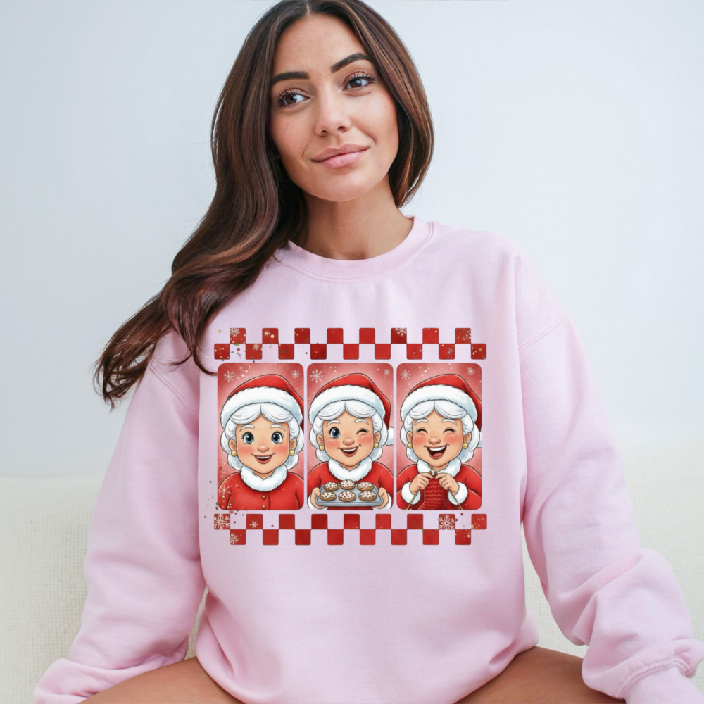 Three Mrs. Claus Christmas Sweatshirt | Checkered Baking Holiday Crewneck
