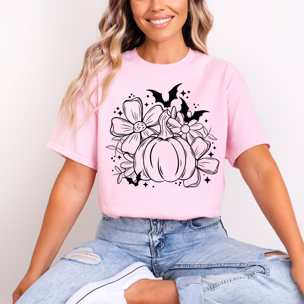 Pumpkin & Flowers T-Shirt | Halloween Fall Botanical Tee | Cute Spooky Season Pink Shirt | DTF Print Gildan