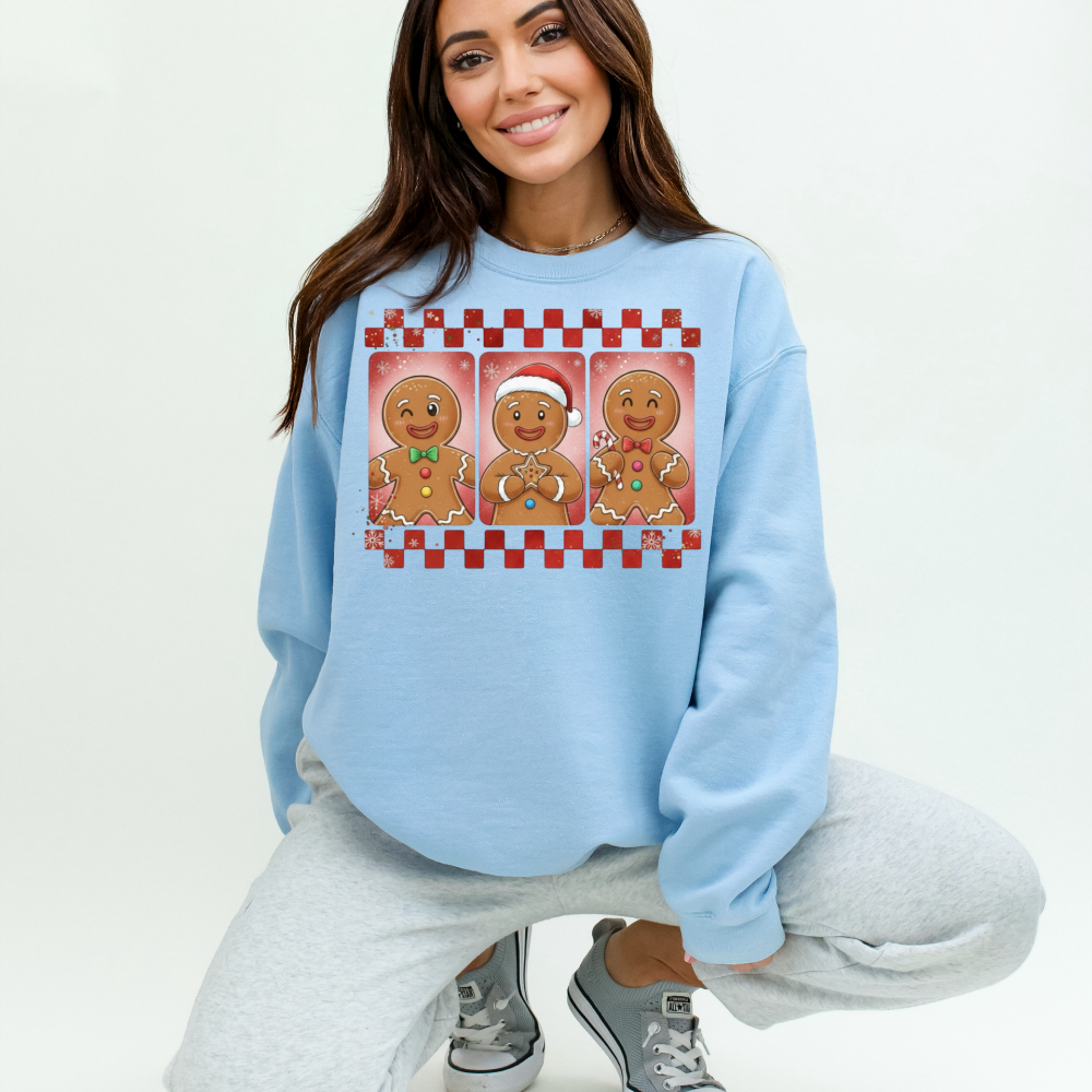 Three Gingerbread Men Christmas Sweatshirt | Checkered Holiday Baking Crewneck