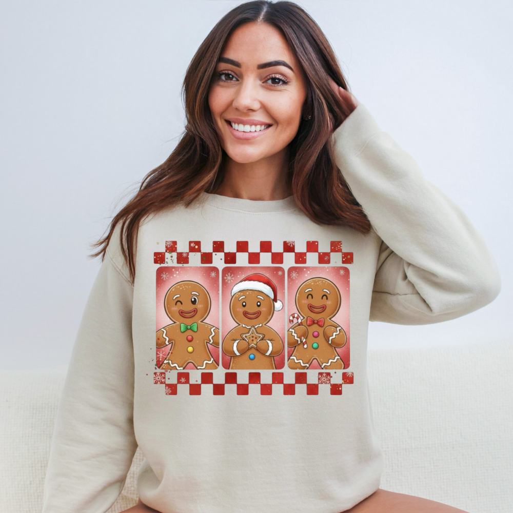 Three Gingerbread Men Christmas Sweatshirt | Checkered Holiday Baking Crewneck