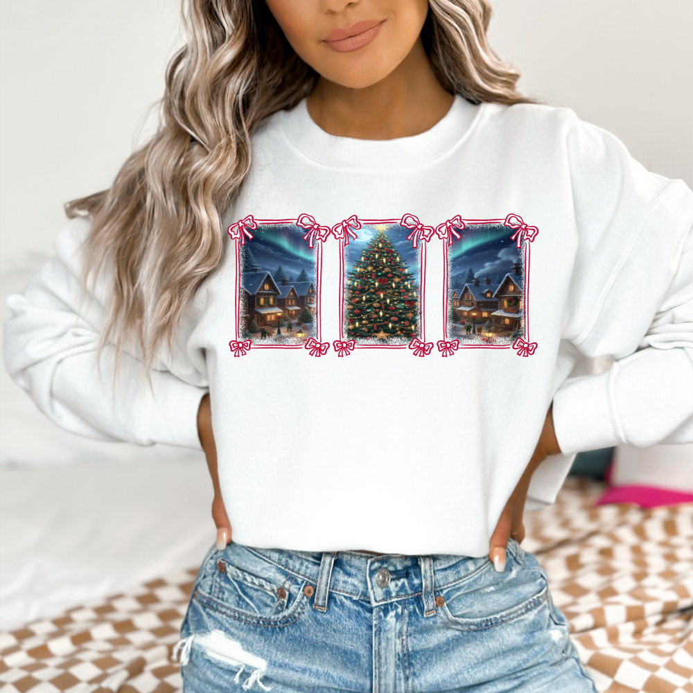 Cozy Christmas Village Sweatshirt | Festive Holiday Tree & Northern Lights Crewneck