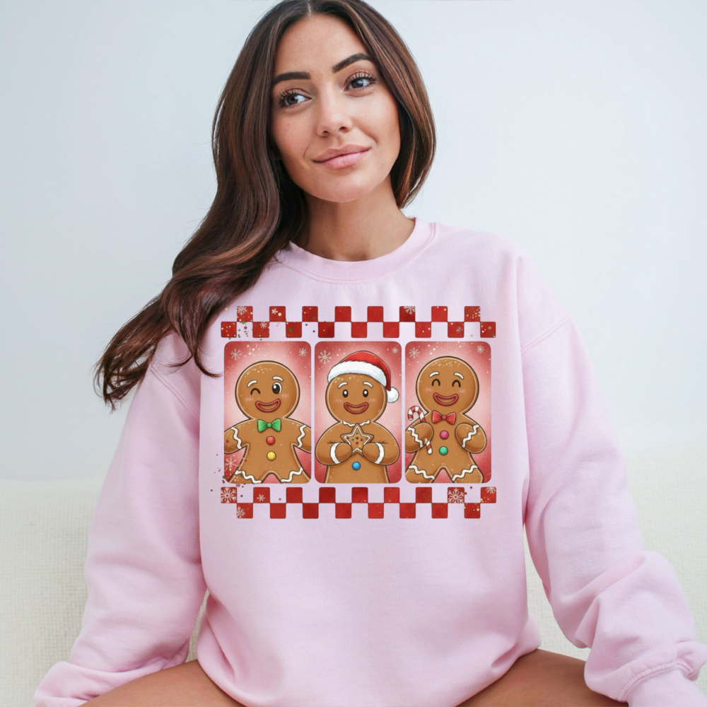 Three Gingerbread Men Christmas Sweatshirt | Checkered Holiday Baking Crewneck