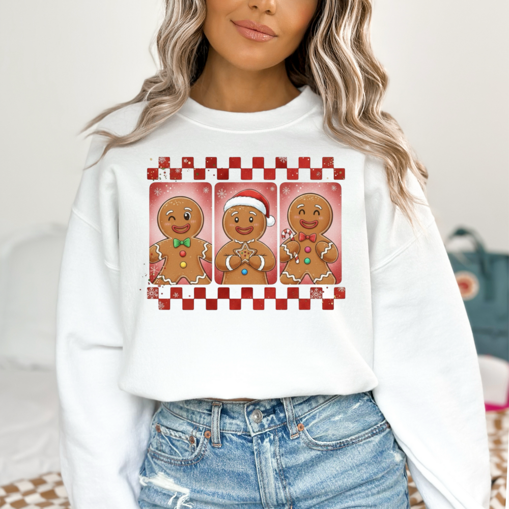 Three Gingerbread Men Christmas Sweatshirt | Checkered Holiday Baking Crewneck