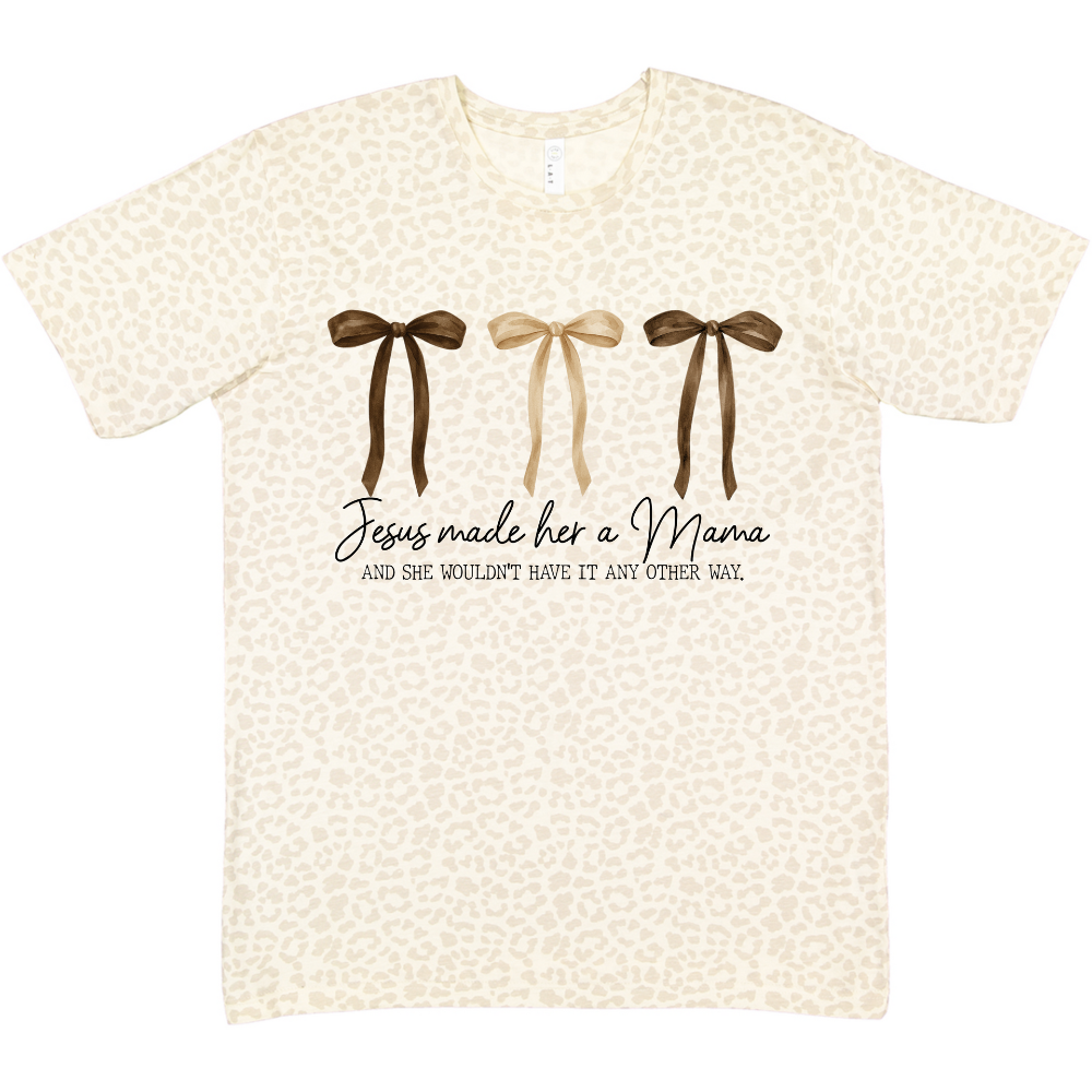 Jesus Made Her a Mama T-Shirt | Christian Mom Life Tee | Leopard Print Bows Motherhood Shirt | Faith-Based Gift | DTF Gildan