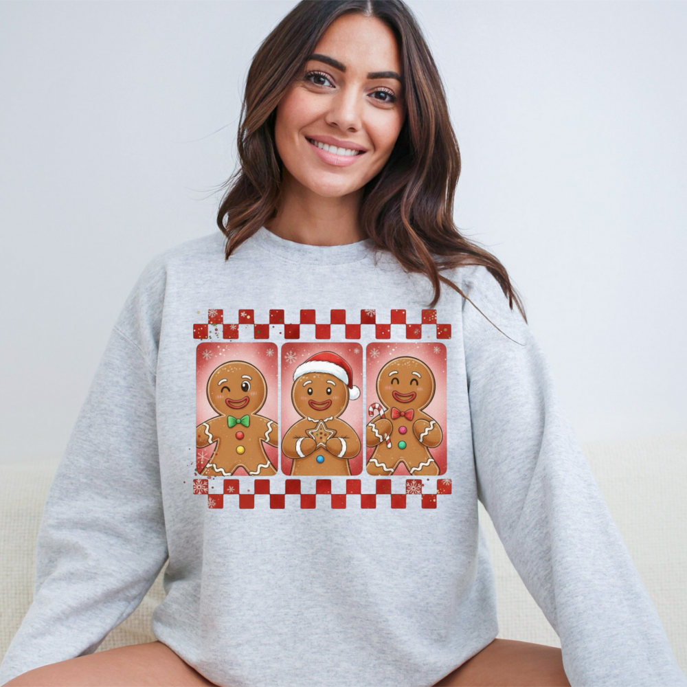 Three Gingerbread Men Christmas Sweatshirt | Checkered Holiday Baking Crewneck