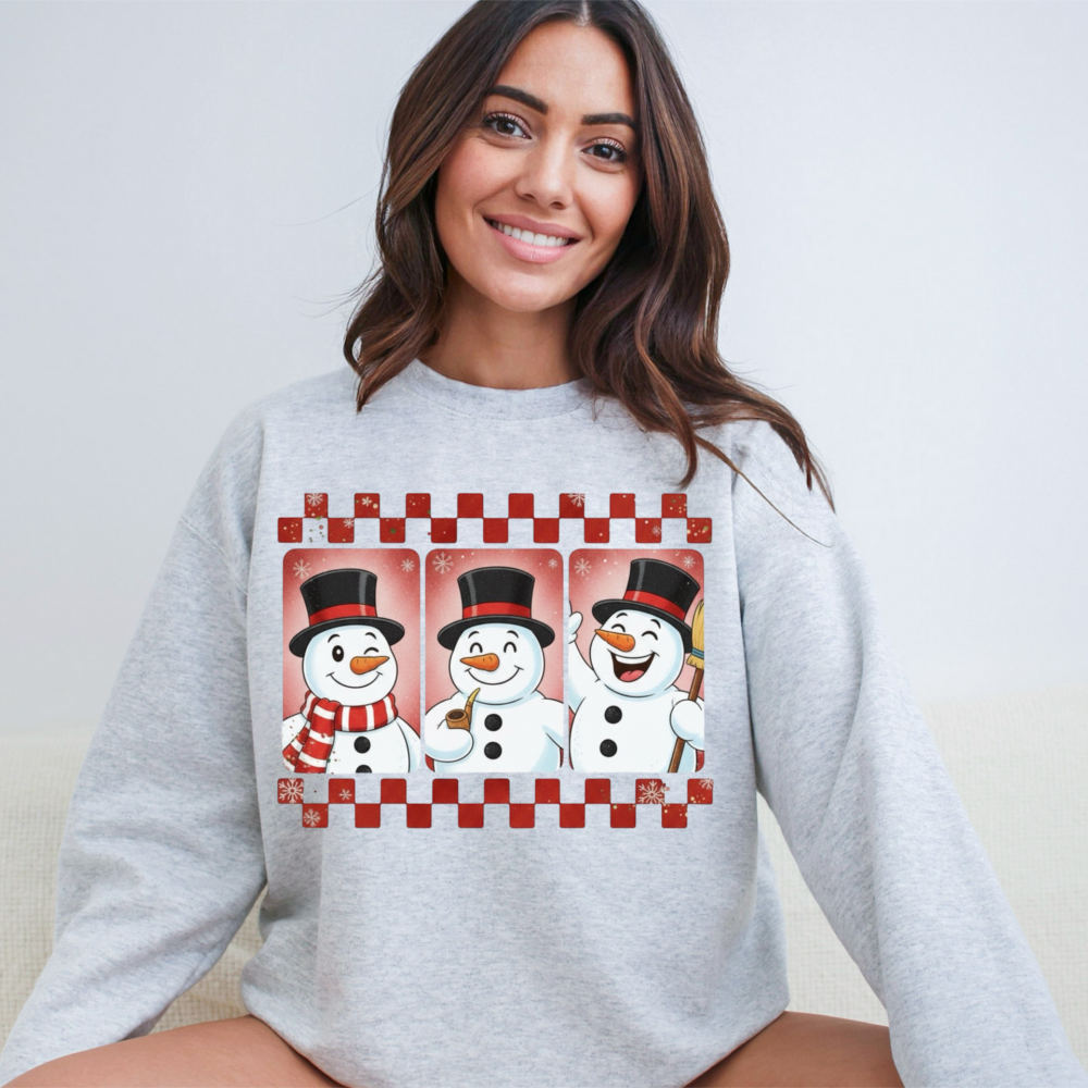 Three Jolly Snowmen Christmas Sweatshirt | Checkered Retro Winter Crewneck