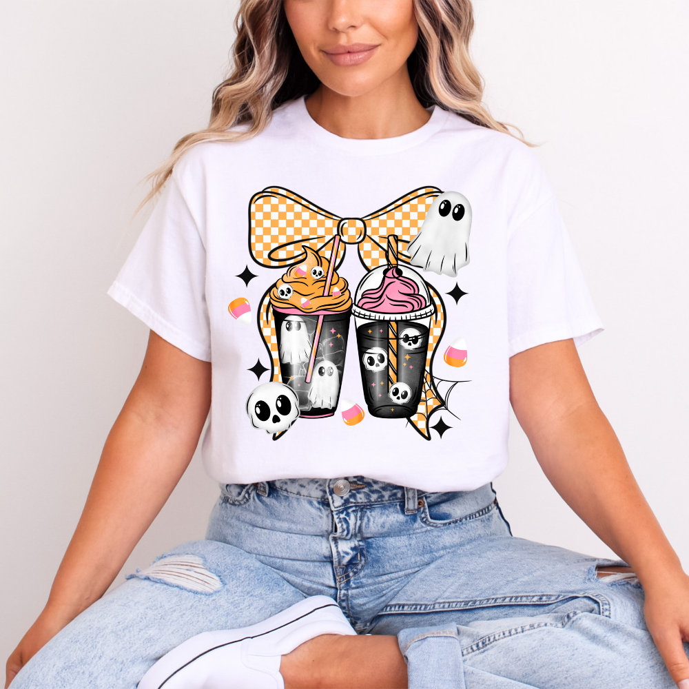 Spooky Coffee Drinks T-Shirt | Halloween Boba Tea & Frappe Tee | Cute Ghost Skull Candy Corn Shirt | DTF Gildan