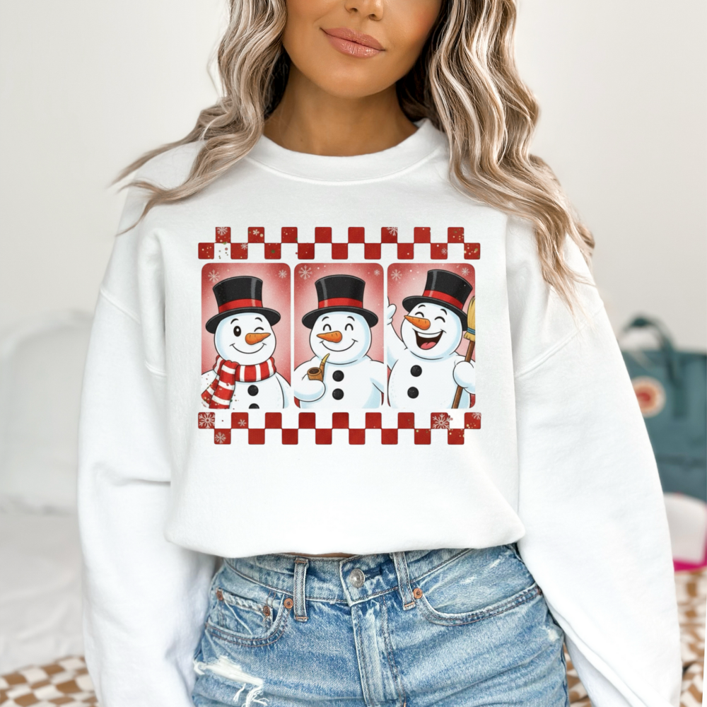 Three Jolly Snowmen Christmas Sweatshirt | Checkered Retro Winter Crewneck