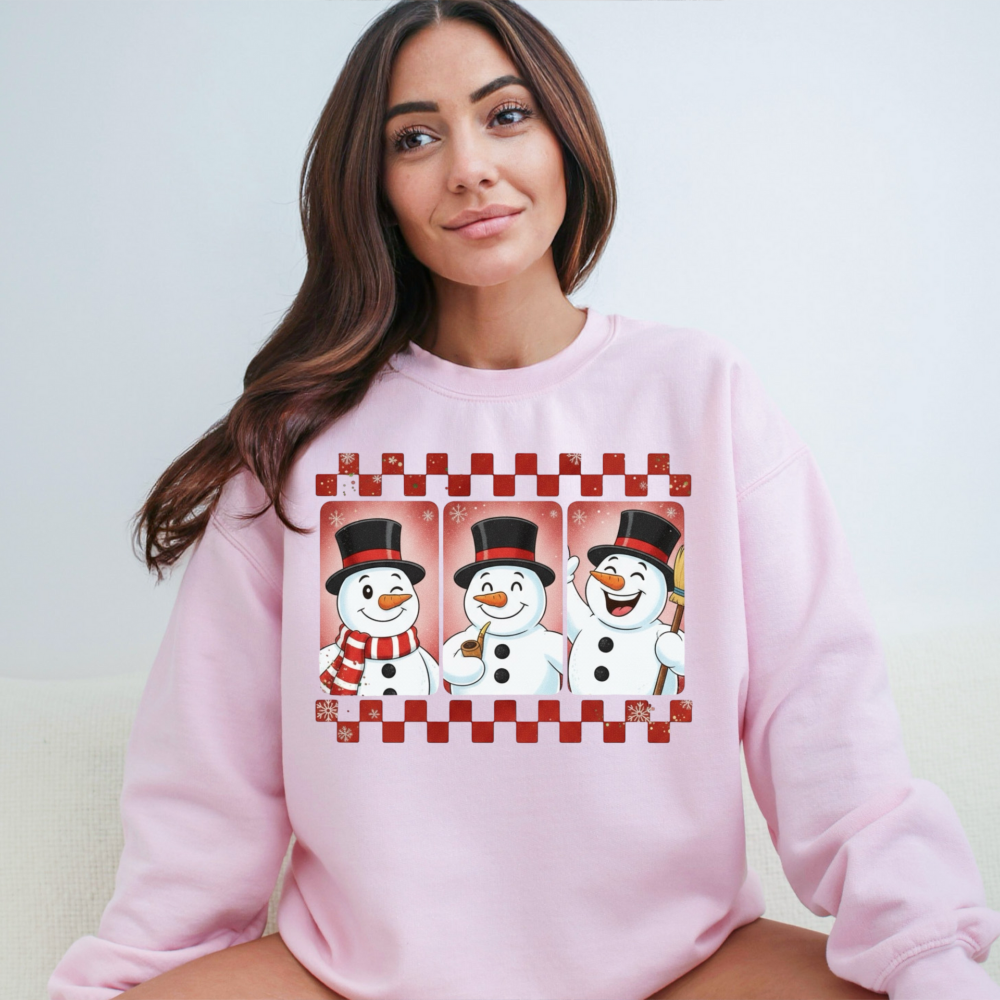 Three Jolly Snowmen Christmas Sweatshirt | Checkered Retro Winter Crewneck