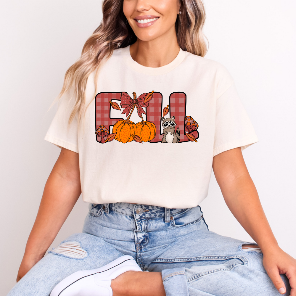 Cute FALL T-Shirt | Plaid Raccoon Pumpkin Autumn Leaves Tee | Thanksgiving Season Shirt | DTF Print Gildan