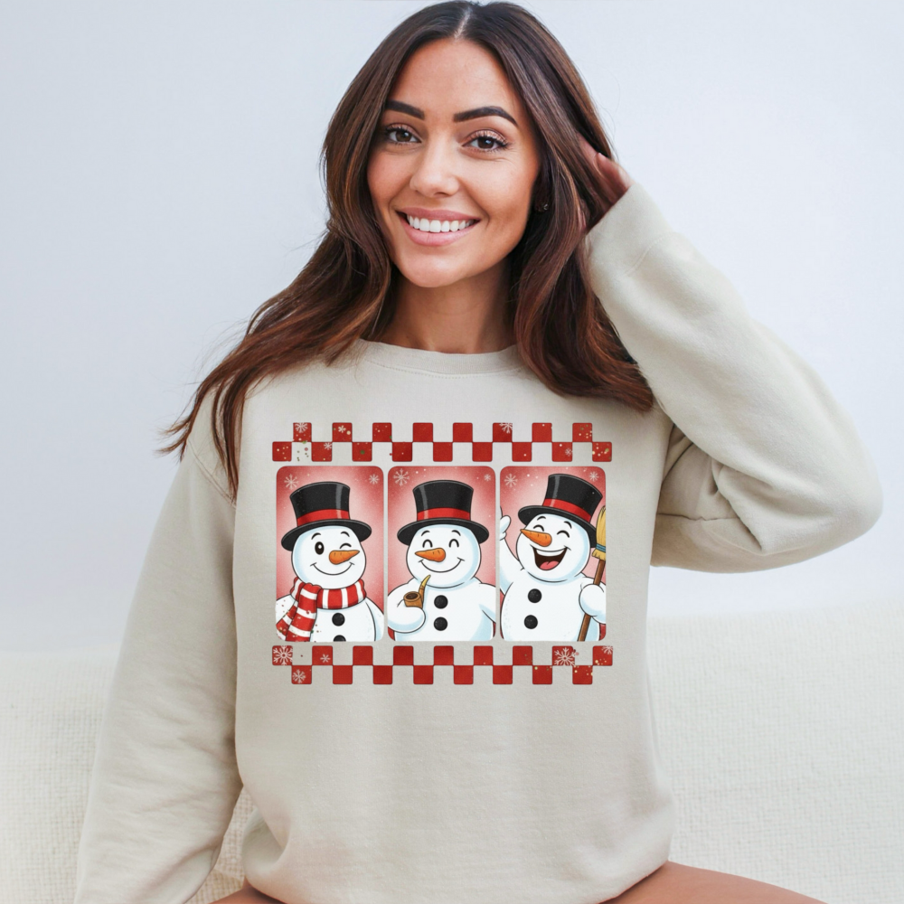 Three Jolly Snowmen Christmas Sweatshirt | Checkered Retro Winter Crewneck