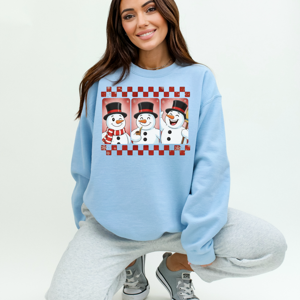 Three Jolly Snowmen Christmas Sweatshirt | Checkered Retro Winter Crewneck