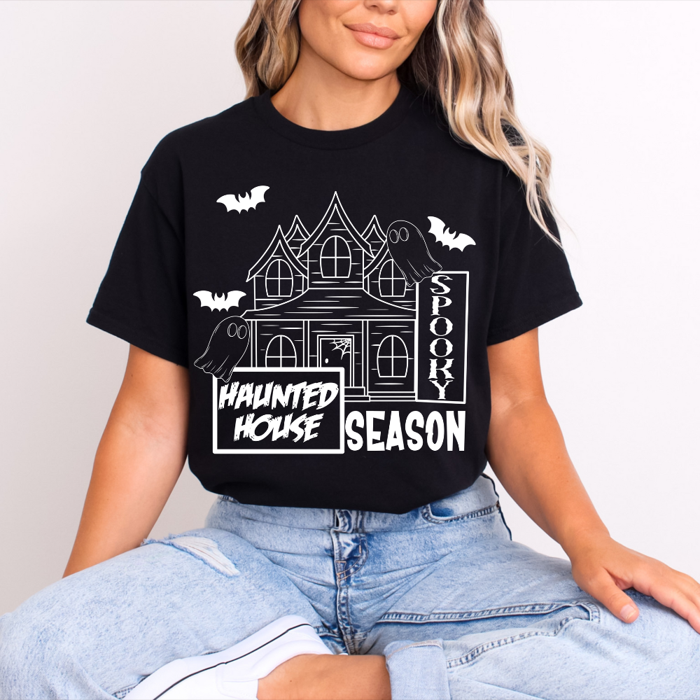 Haunted House Spooky Season T-Shirt | Halloween Ghost Bat Shirt | Creepy Cute Home Tee | DTF Print Gildan Apparel