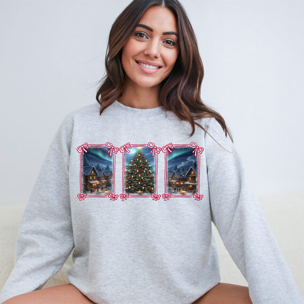Cozy Christmas Village Sweatshirt | Festive Holiday Tree & Northern Lights Crewneck