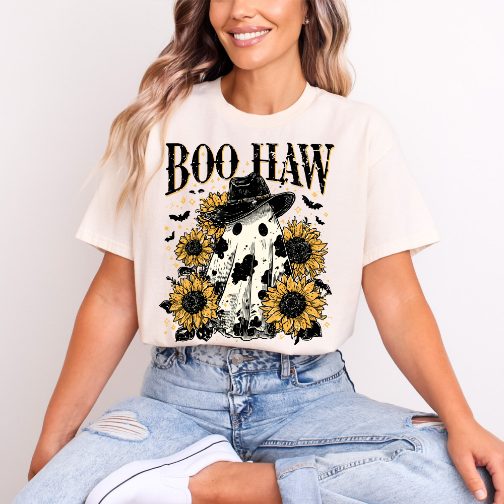 Boo Haw T-Shirt | Cowboy Ghost Sunflower Halloween Tee | Western Spooky Season Shirt | DTF Print Gildan