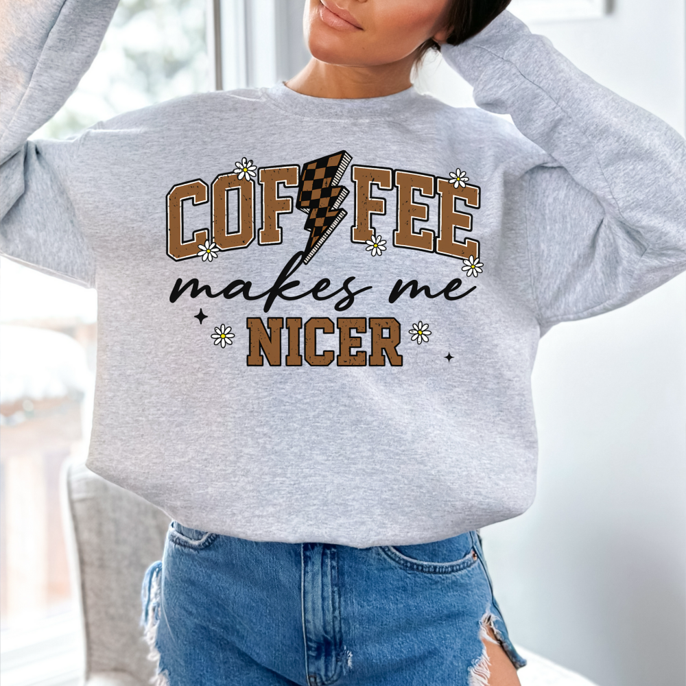 Funny Coffee Makes Me Nicer Sweatshirt | Retro Checkered Lightning Bolt Crewneck