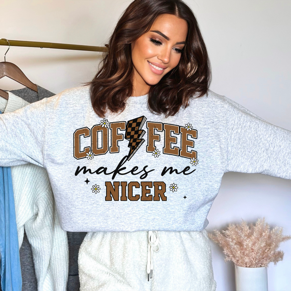 Funny Coffee Makes Me Nicer Sweatshirt | Retro Checkered Lightning Bolt Crewneck
