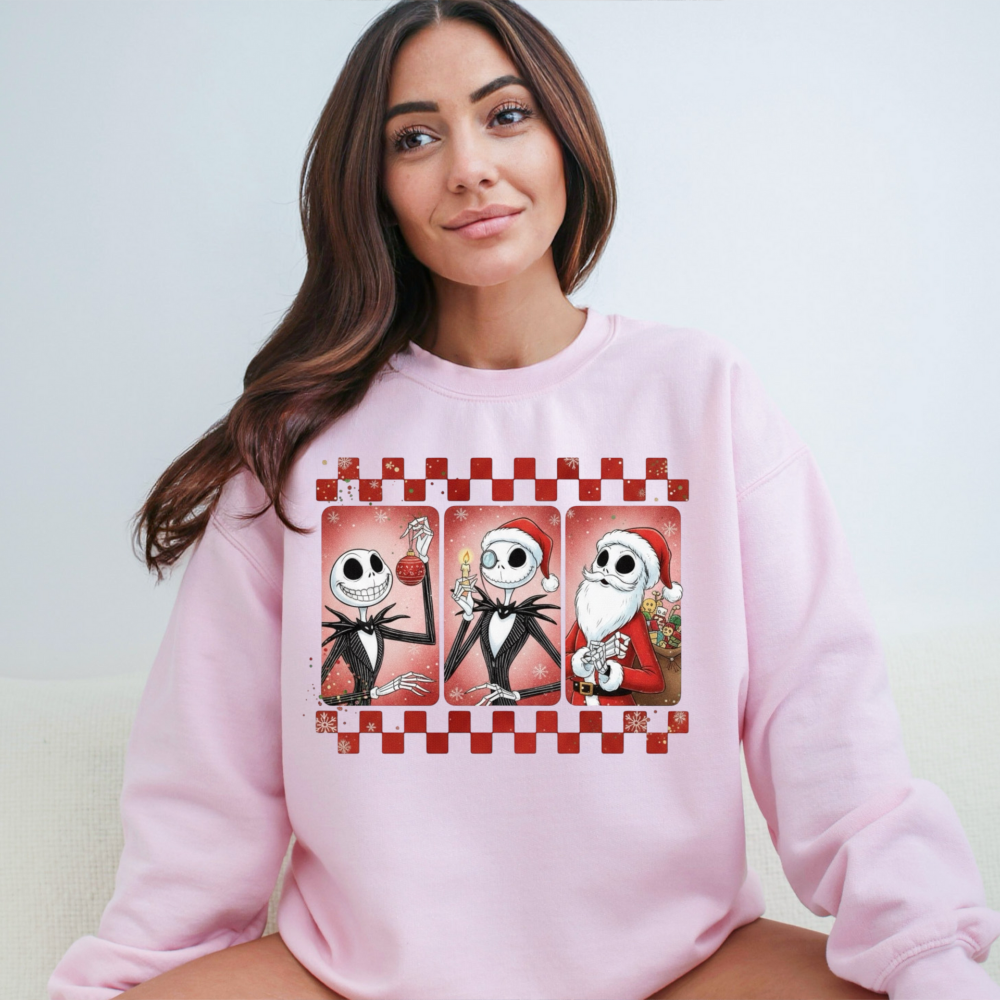 Skeleton Christmas Crewneck | Spooky Santa Checkerboard Holiday Sweatshirt