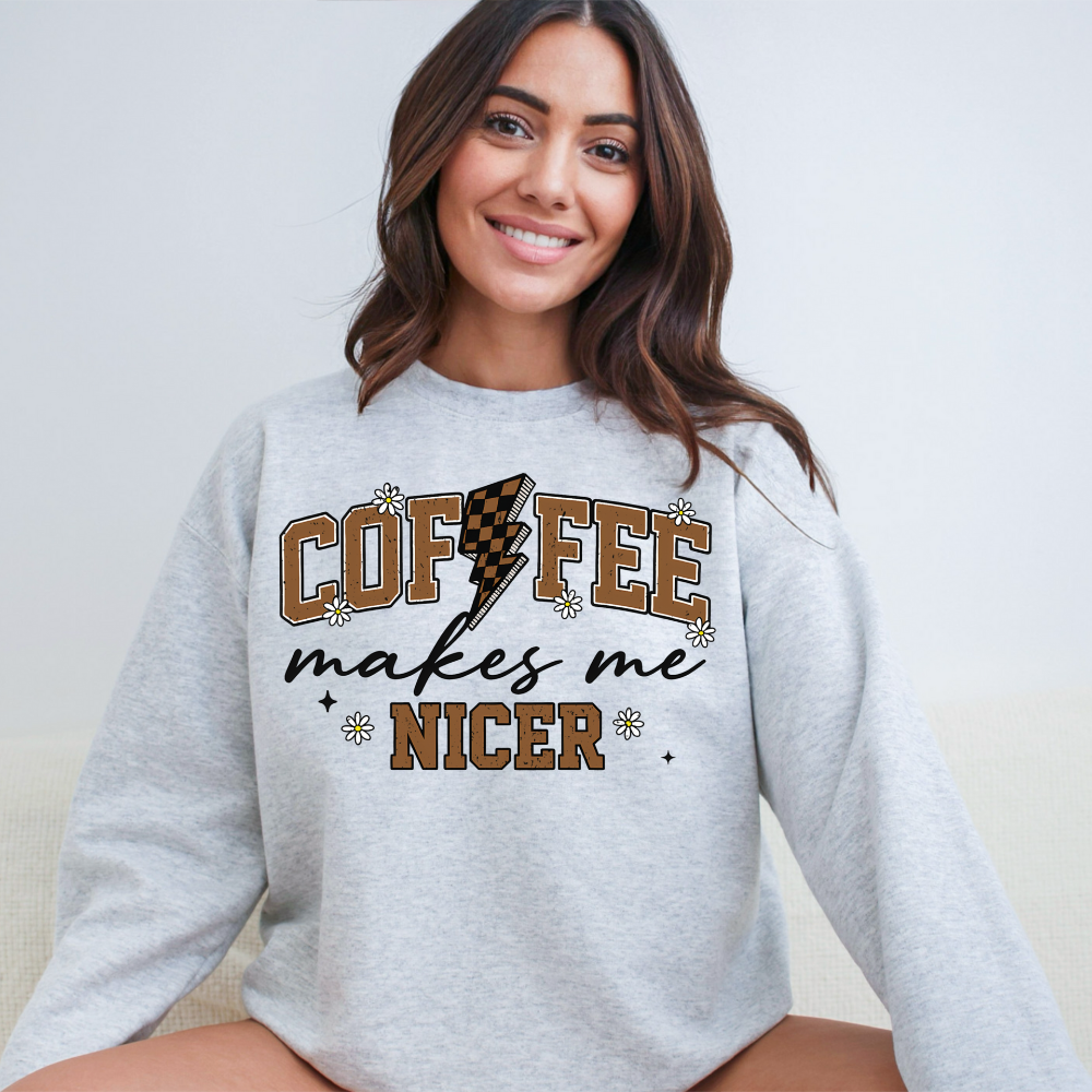 Funny Coffee Makes Me Nicer Sweatshirt | Retro Checkered Lightning Bolt Crewneck