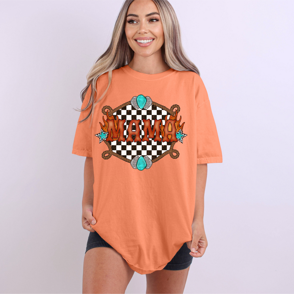 Mama" Western Retro Tee | Turquoise & Checkerboard Graphic Shirt image 1