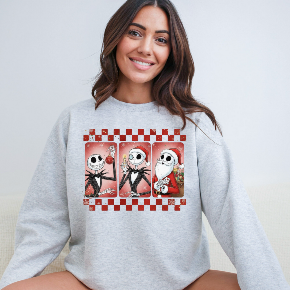 Skeleton Christmas Crewneck | Spooky Santa Checkerboard Holiday Sweatshirt