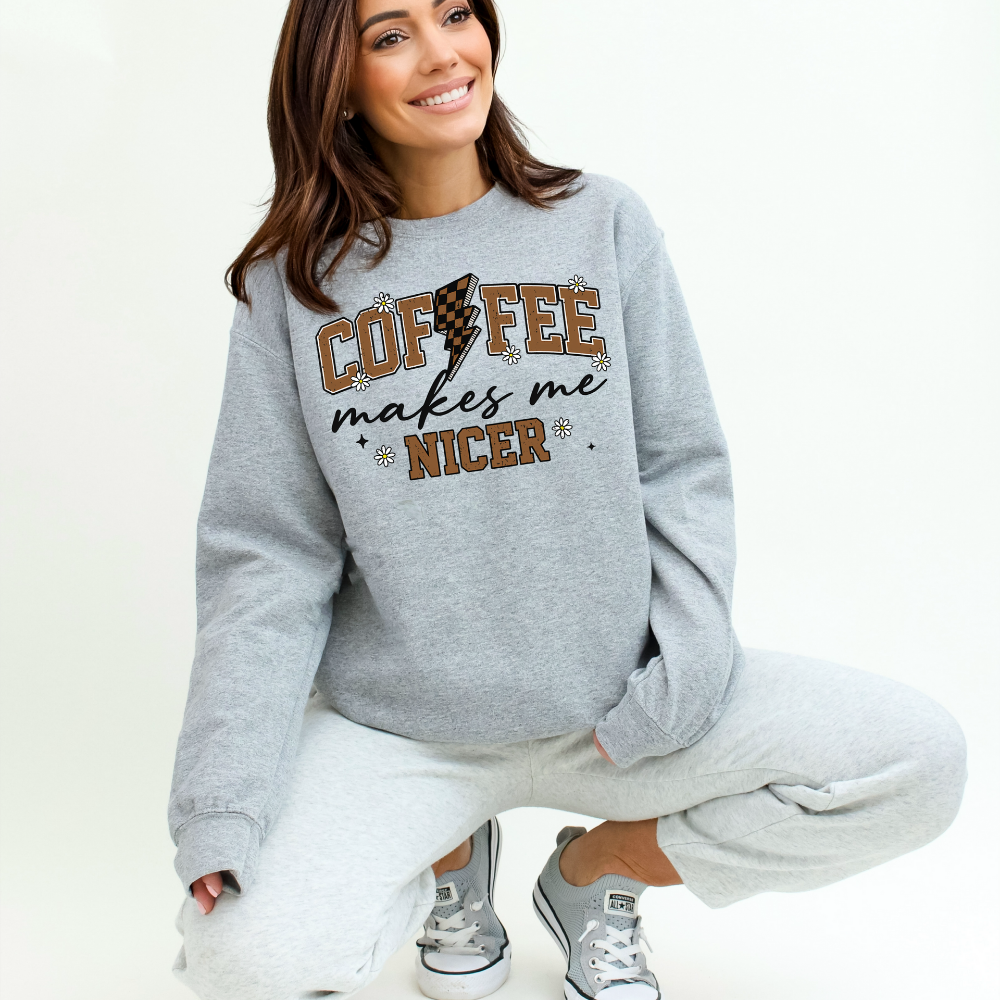 Funny Coffee Makes Me Nicer Sweatshirt | Retro Checkered Lightning Bolt Crewneck
