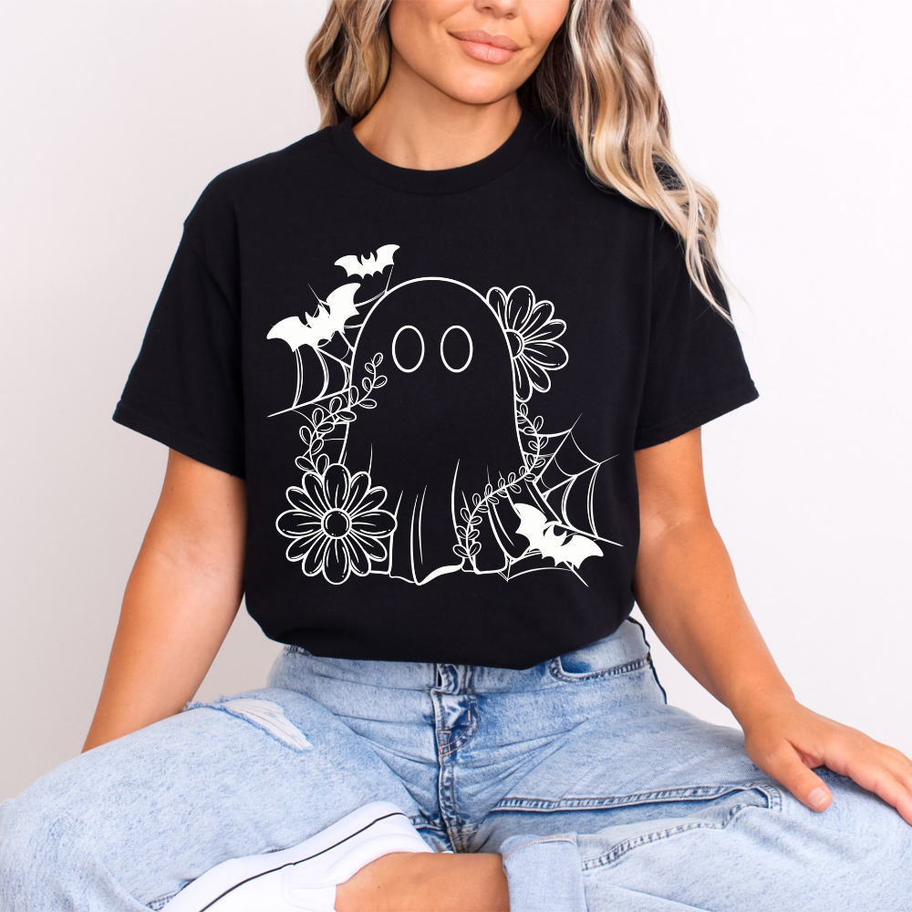 Cute Floral Ghost T-Shirt | Spooky Season Halloween Tee | Boho Botanical Ghost Shirt | DTF Print Gildan Apparel