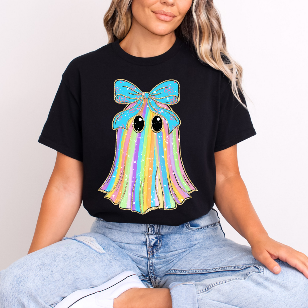 Pastel Rainbow Ghost T-Shirt with Bow | Cute Spooky Season Black Tee | Aesthetic Halloween Ghost Shirt | DTF Print Gildan