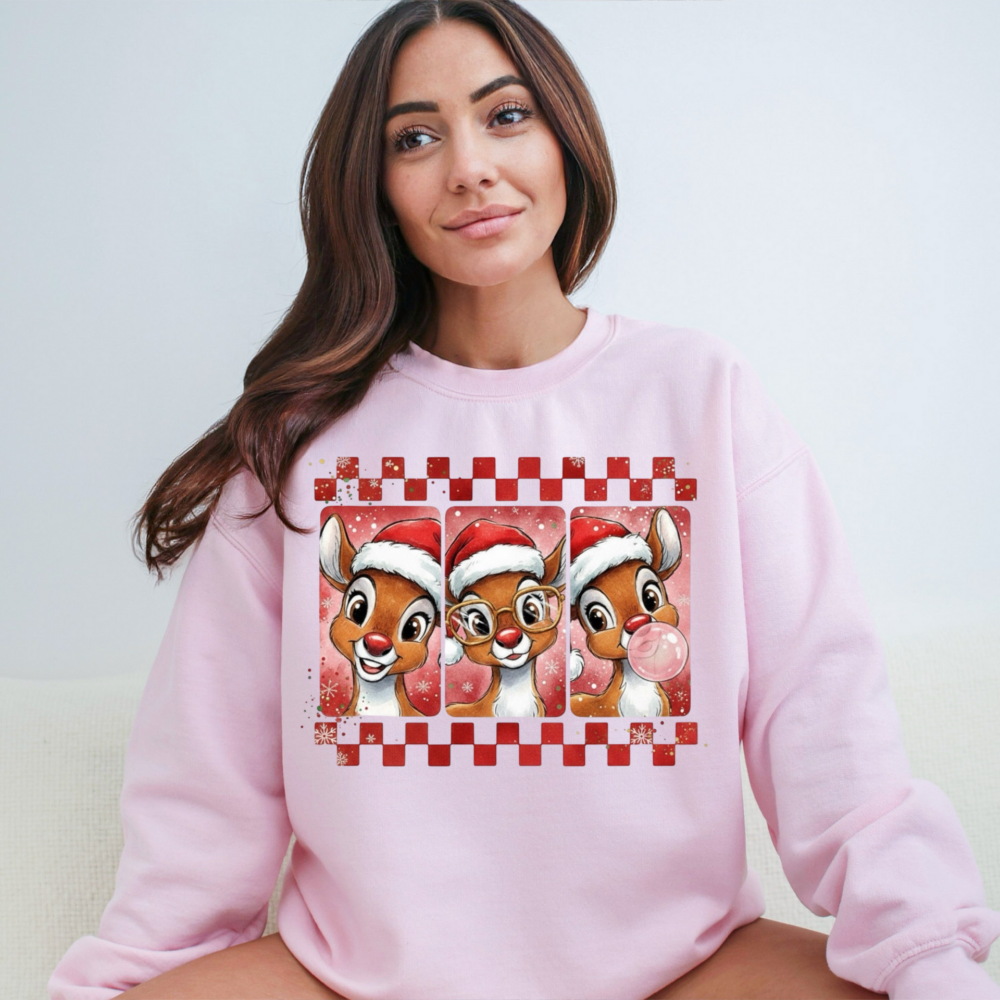 Retro Reindeer Christmas Sweatshirt | Cute Festive Deer Bubble Gum Crewneck