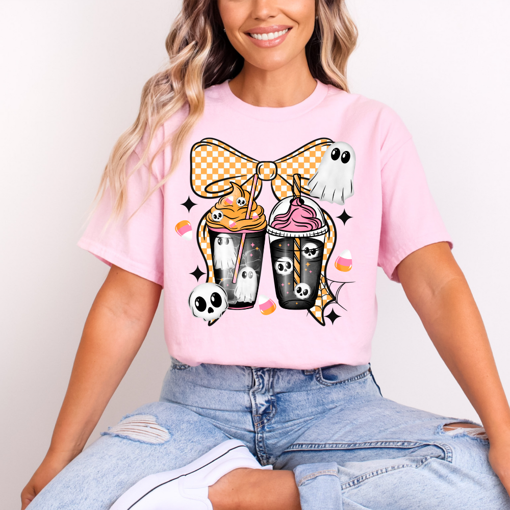 Spooky Coffee Drinks T-Shirt | Halloween Boba Tea & Frappe Tee | Cute Ghost Skull Candy Corn Shirt | DTF Gildan
