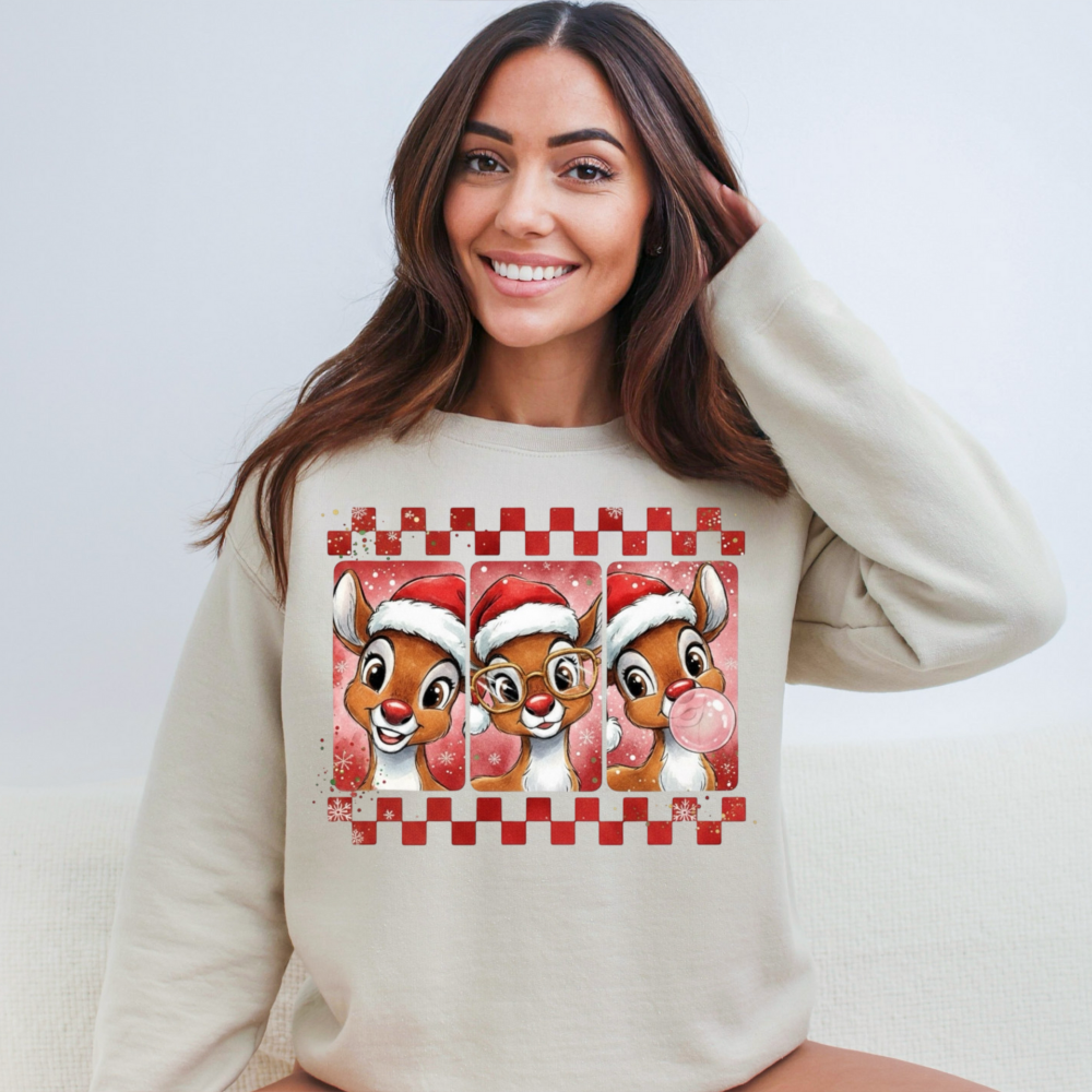 Retro Reindeer Christmas Sweatshirt | Cute Festive Deer Bubble Gum Crewneck