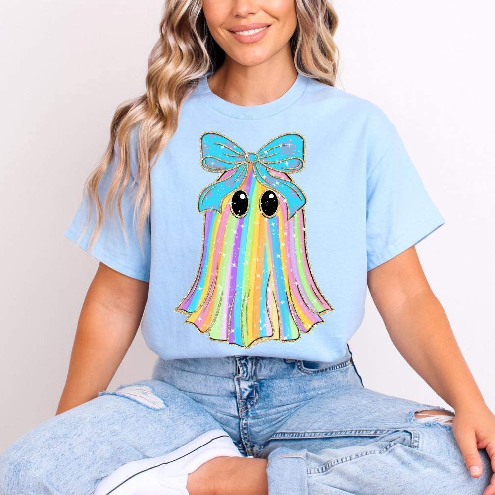 Pastel Rainbow Ghost T-Shirt with Bow | Cute Spooky Season Black Tee | Aesthetic Halloween Ghost Shirt | DTF Print Gildan