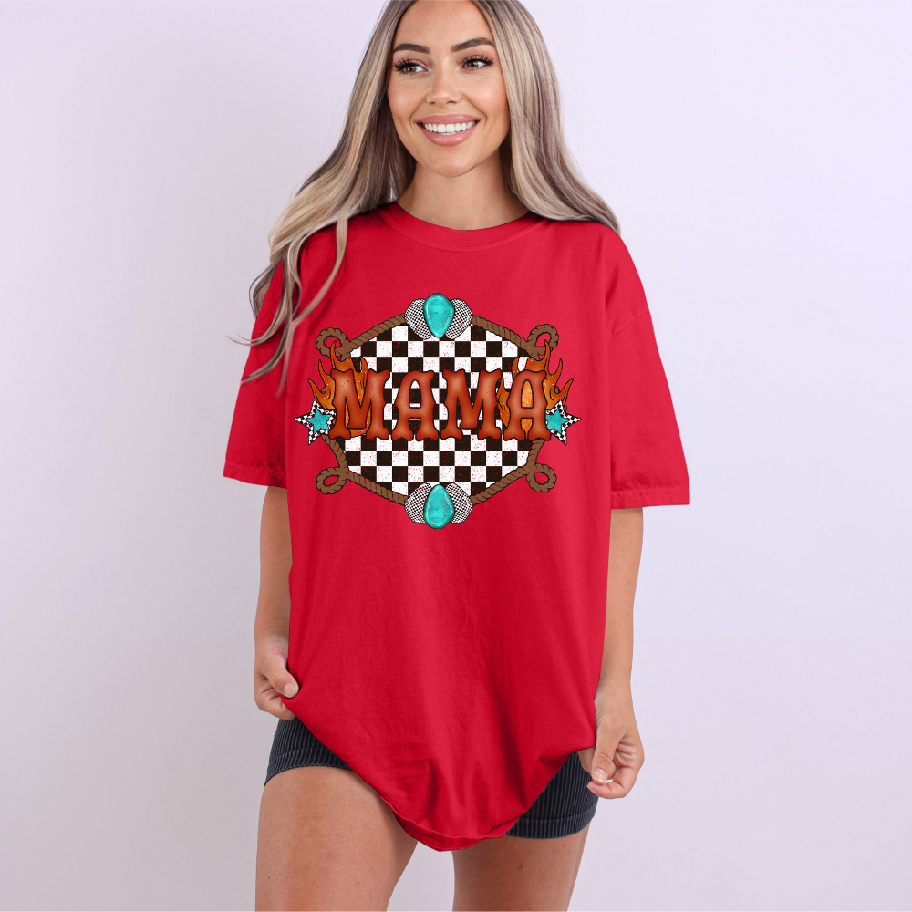 Mama" Western Retro Tee | Turquoise & Checkerboard Graphic Shirt image 0