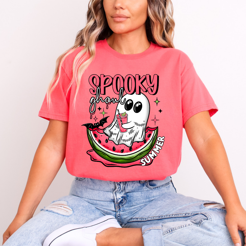 Spooky Ghoul Summer" Halloween Vibes Tee | Chill Ghost & Watermelon Graphic image 1