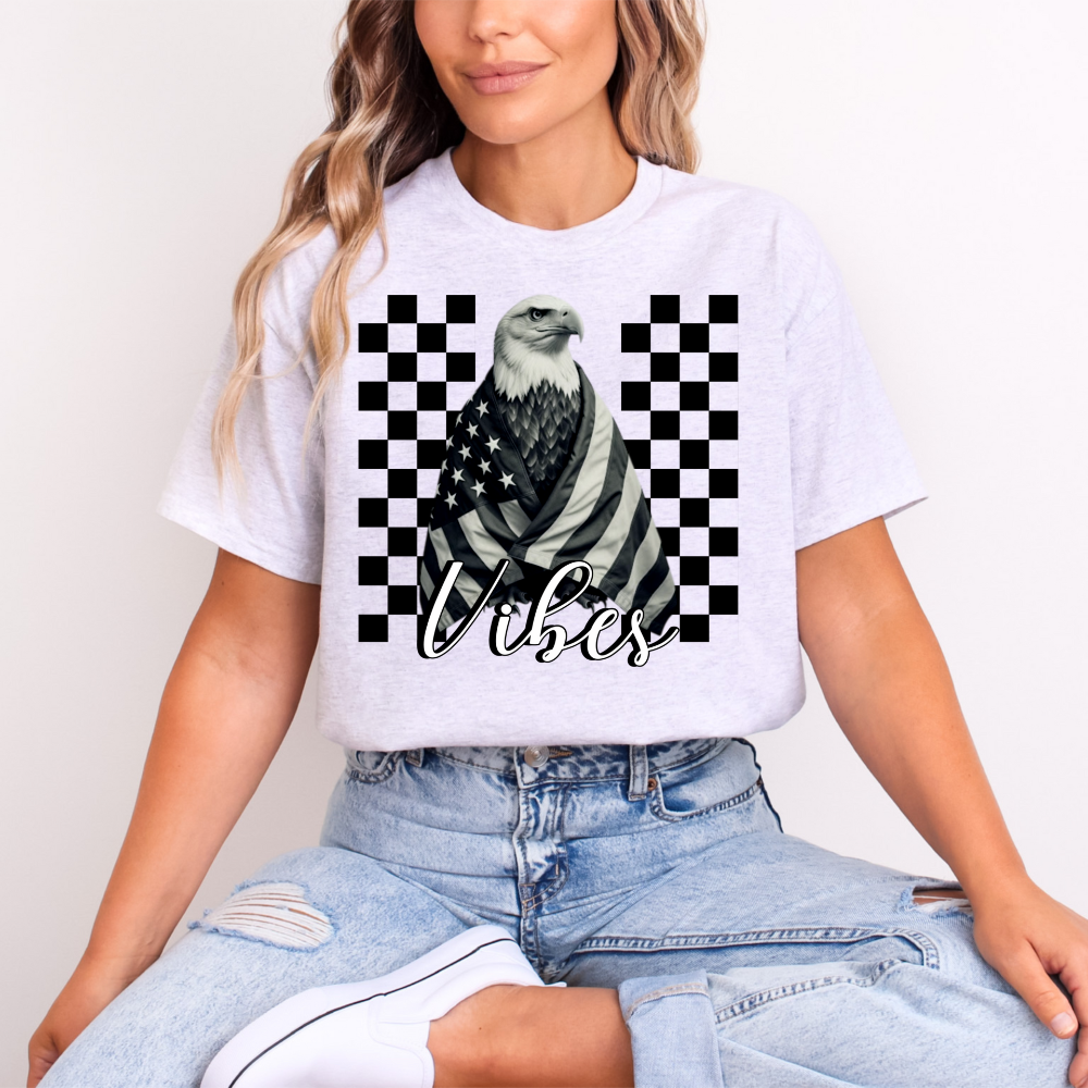 Patriotic Vibes Eagle T-Shirt - American Flag & Checkered Graphic Tee image 0