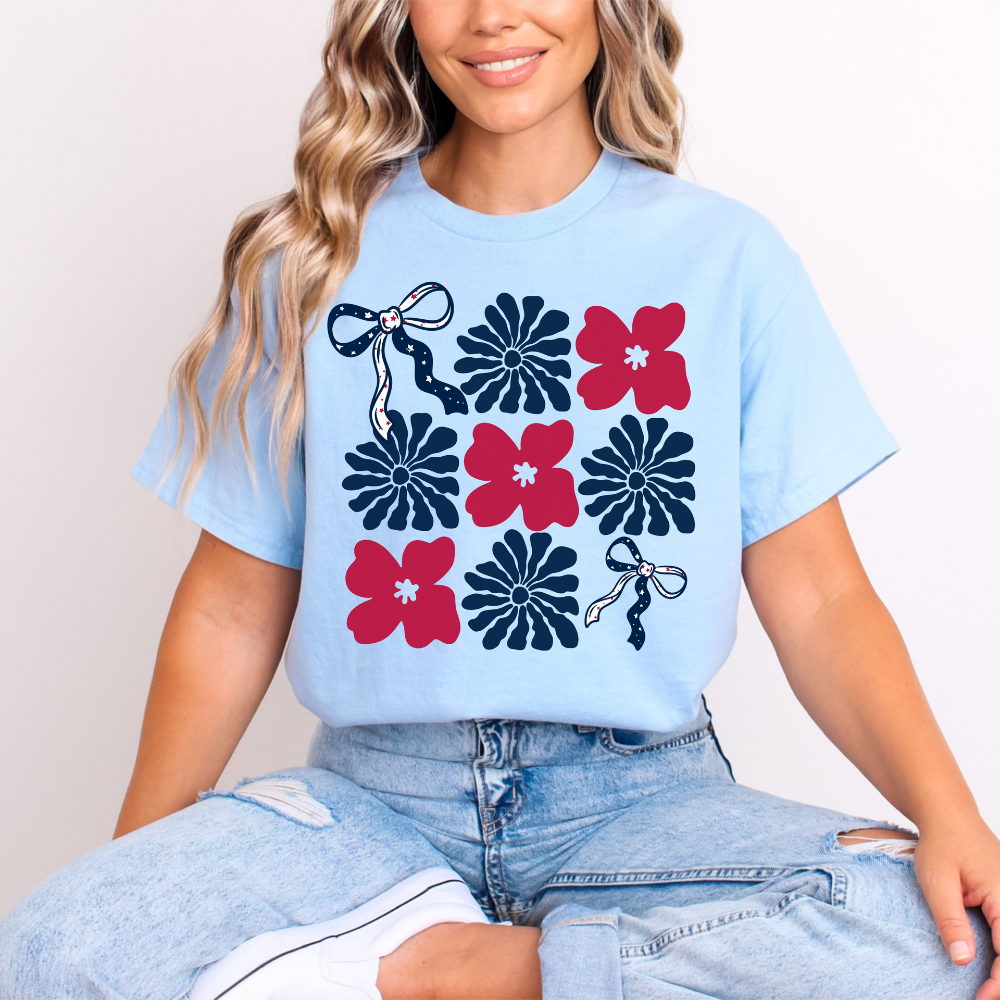 Patriotic Floral Bows T-Shirt - Red White Blue Flower Americana Tee image 0