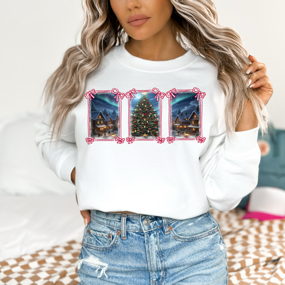 Cozy Christmas Village Sweatshirt | Festive Holiday Tree & Northern Lights Crewneck
